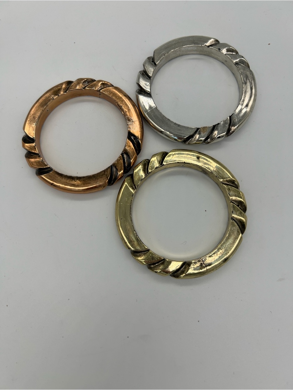 Trio of Twisted Metal wooden bracelets — Gold, Silver & Rose Gold
